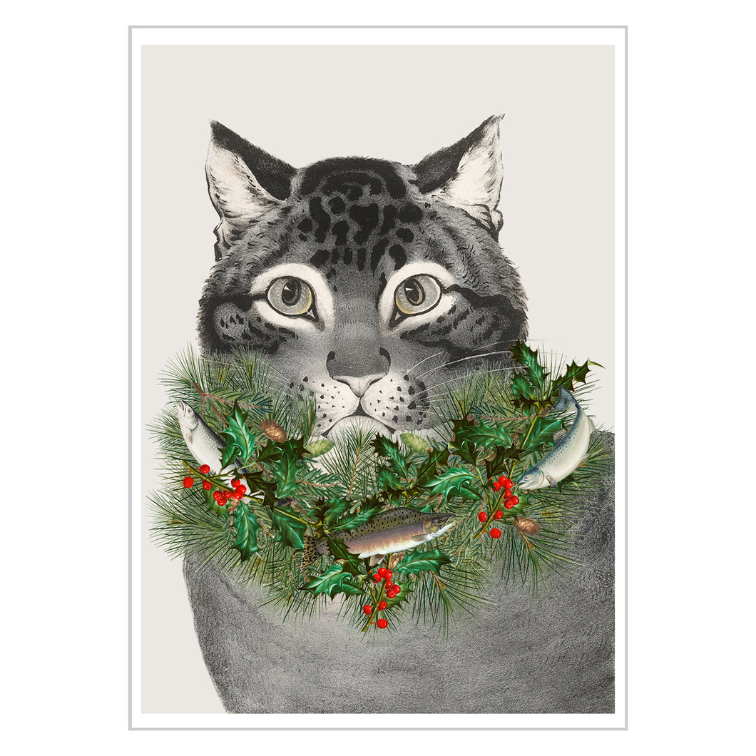 Holiday Greeting Cards - Cat With Wreath